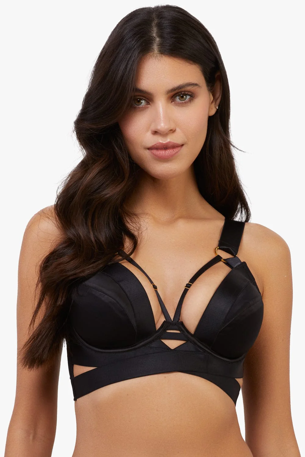 Etta Black Satin and Mesh Longline Padded Plunge Bra - Image 4