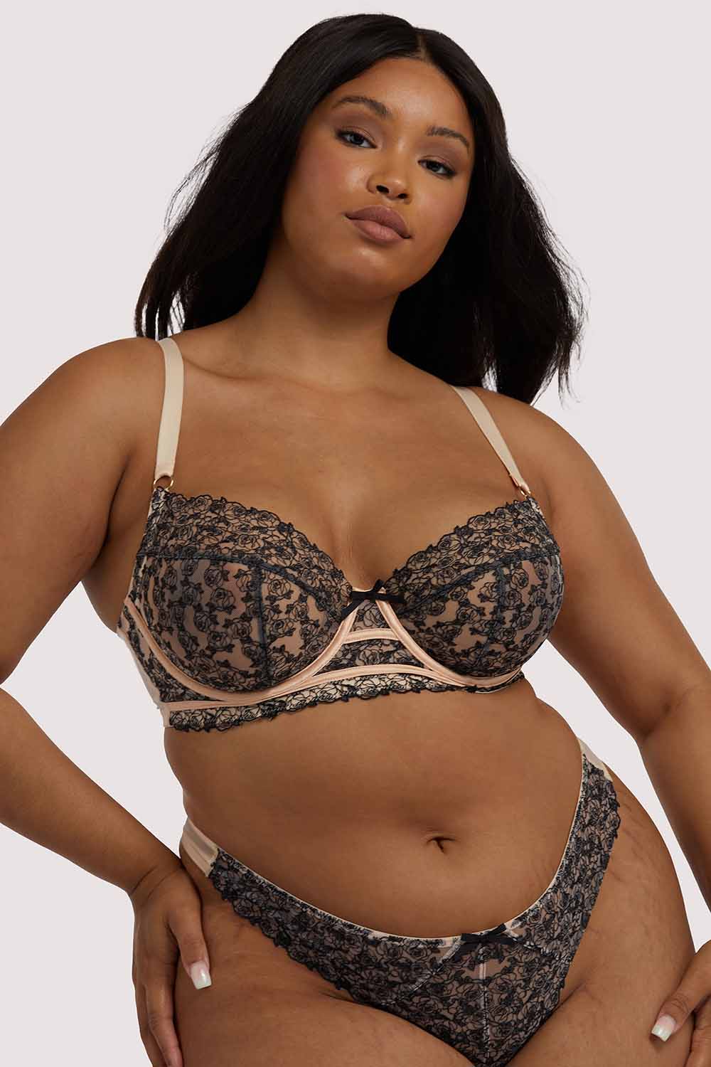 Skull & Roses Embroidery Peach Balcony Bra - Image 5