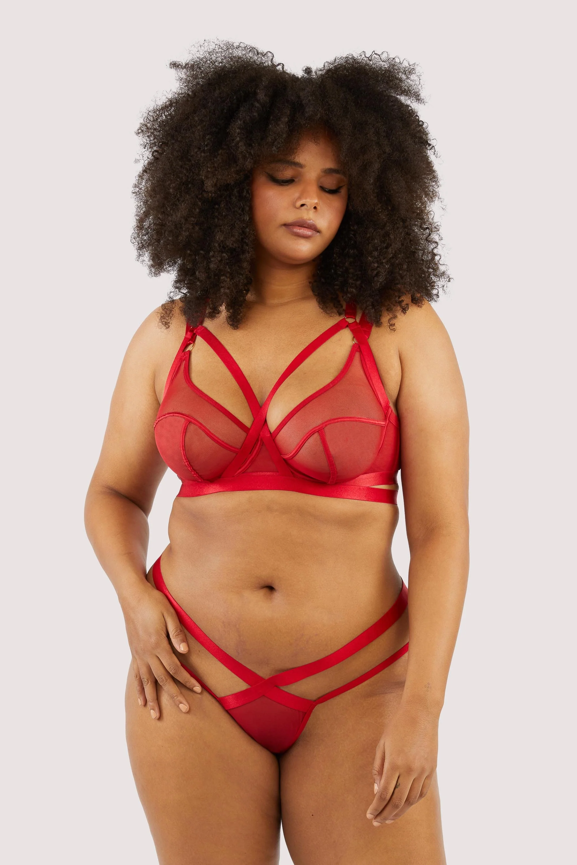 Mercury Red Harness Mesh Balcony Bra - Image 11