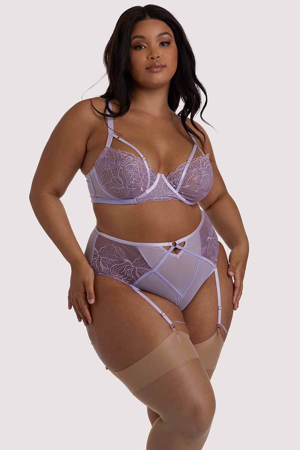 Mila Lilac lace High Waisted Suspender Brief - Image 3