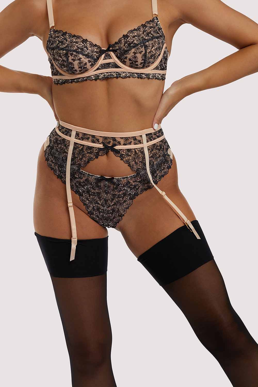 Skull & Roses Embroidery Peach Suspender Belt - Image 3