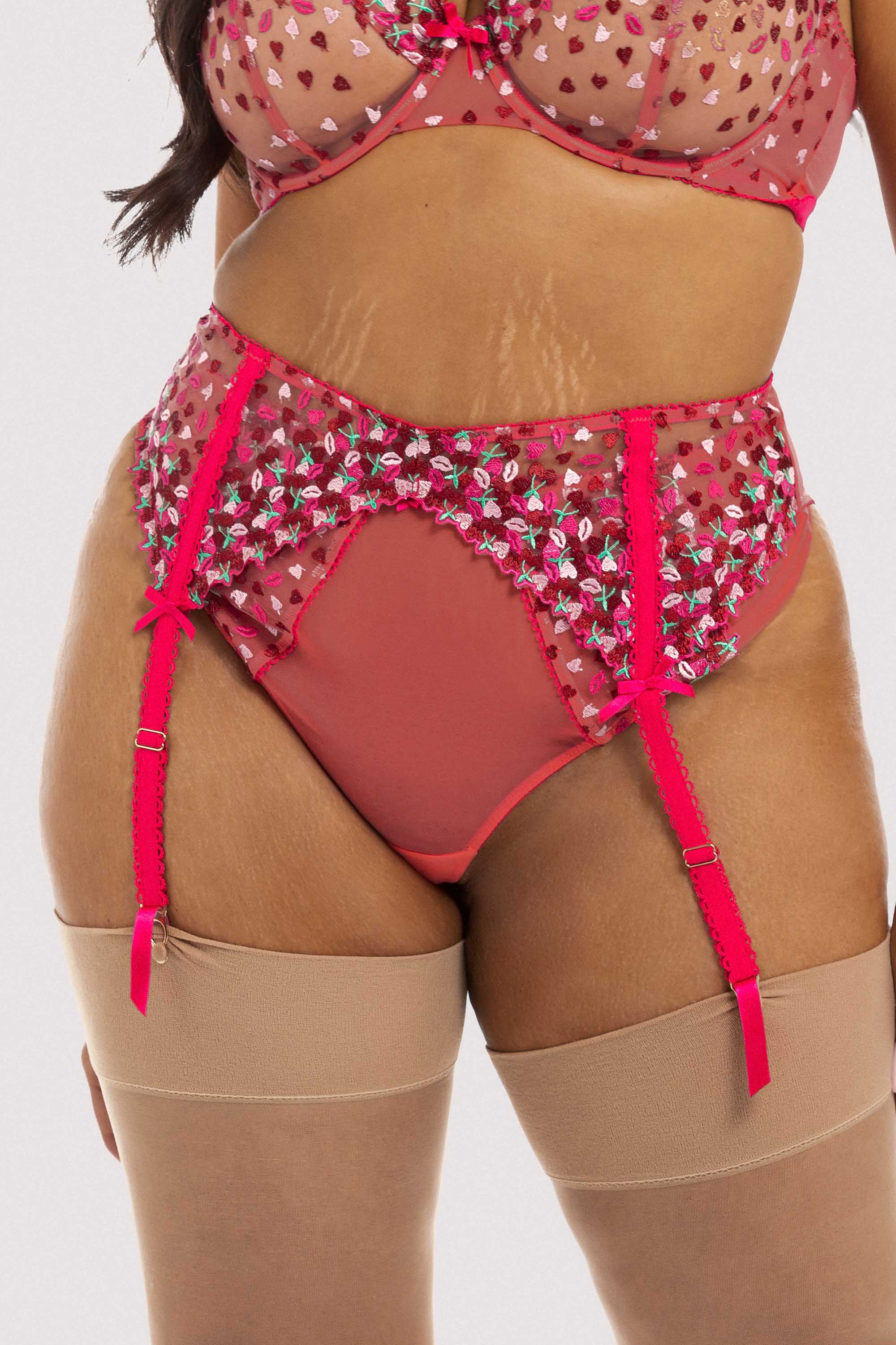 Cherry Embroidery Coral Suspender Belt - Image 4