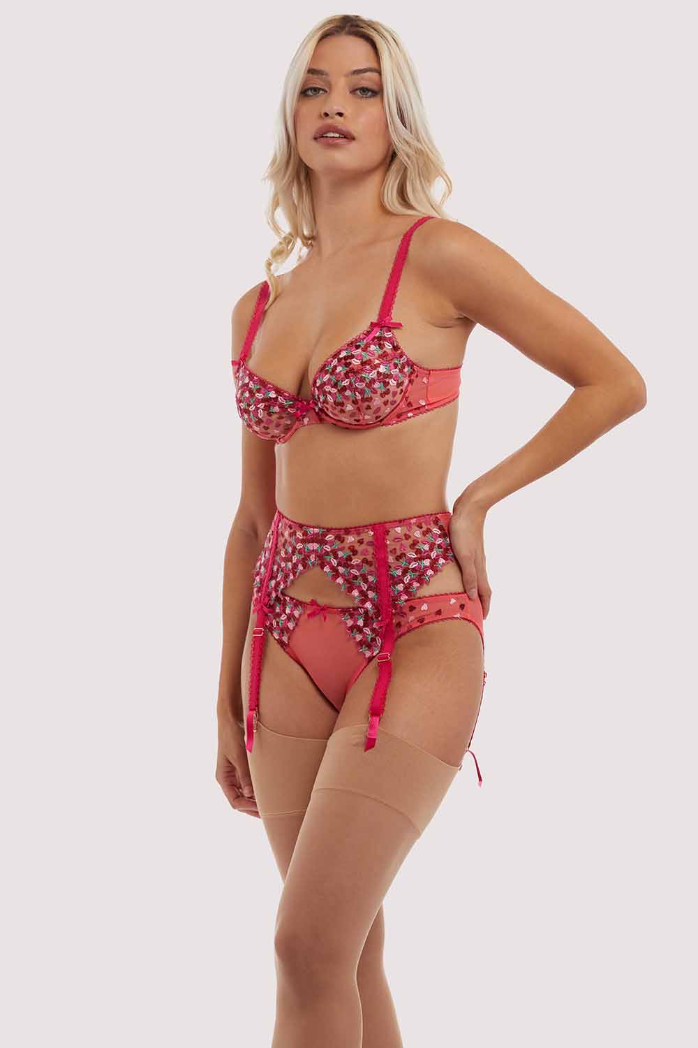 Cherry Embroidery Coral Suspender Belt - Image 9