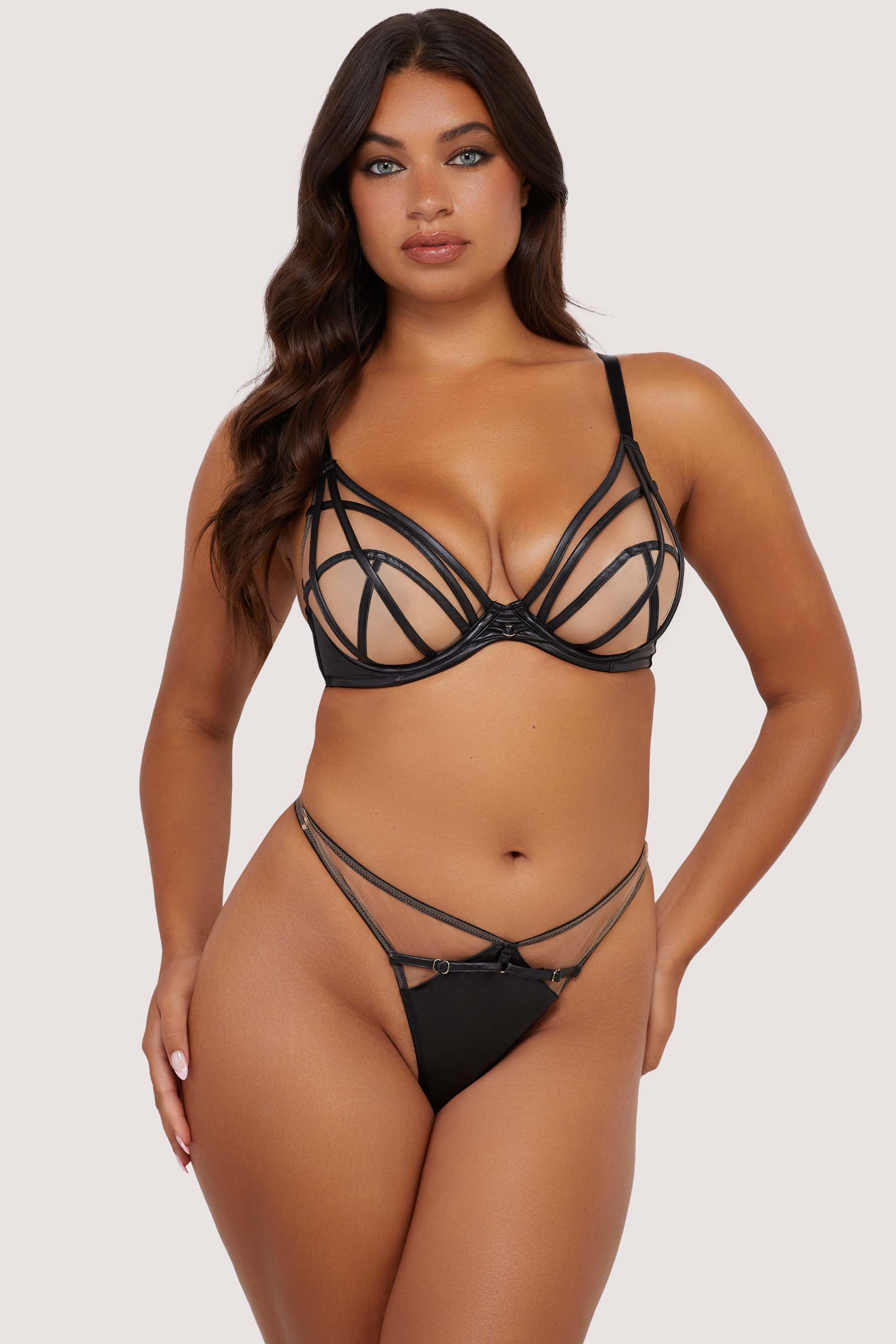 Ramona Black Leatherette Caged Open Back Thong - Image 3