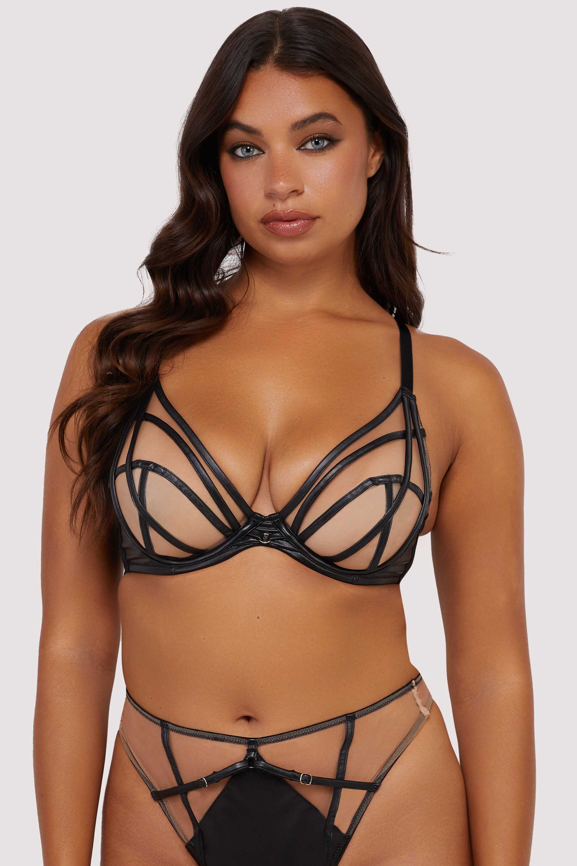 Ramona Black Leatherette Strap Detail Illusion Mesh Set - Image 14