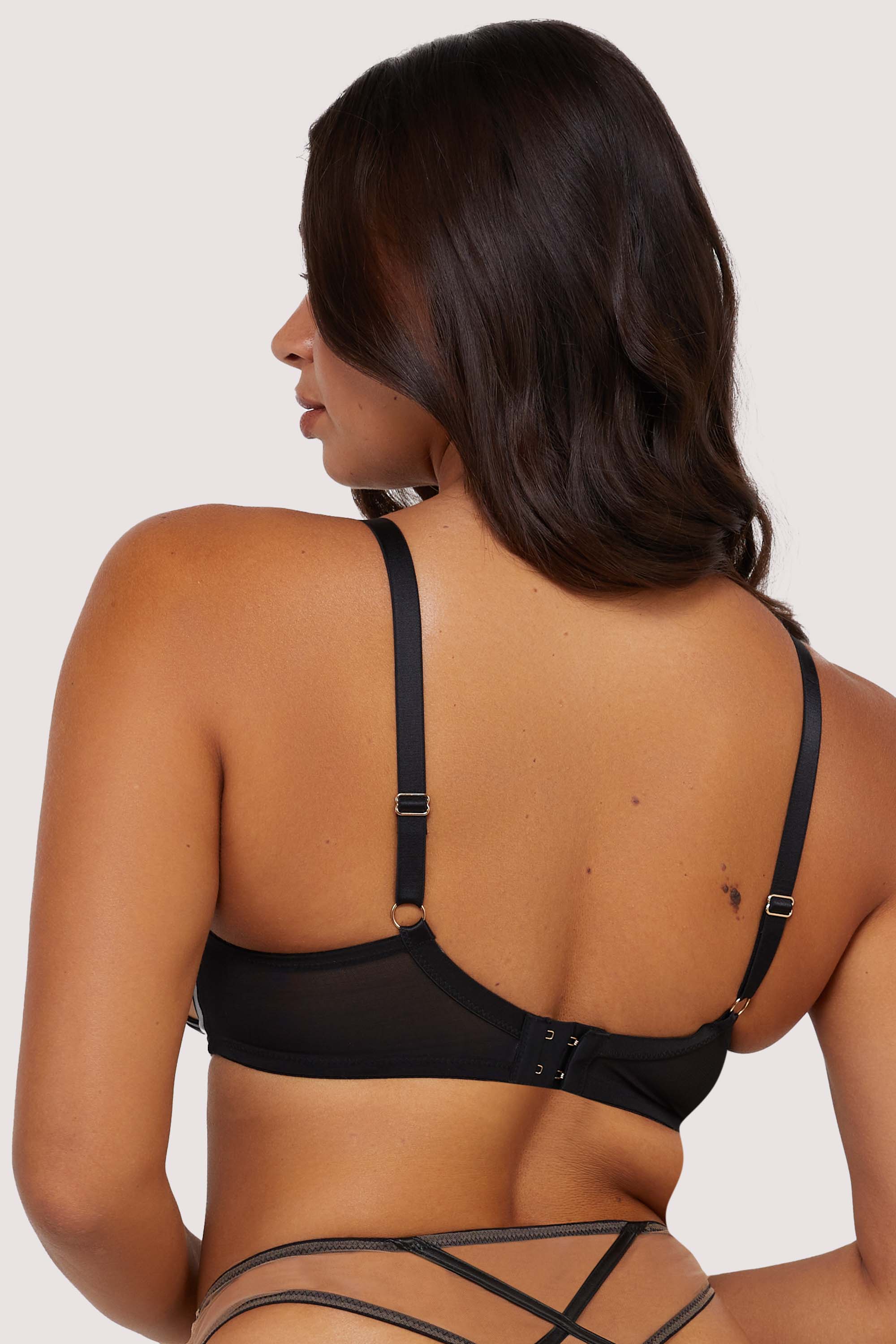 Ramona Black Leatherette Strap Detail Illusion Mesh Bra - Image 4