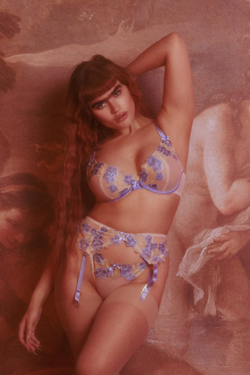 Rayne Gold And Lilac Satin Floral Embroidered Plunge Bra - Image 2