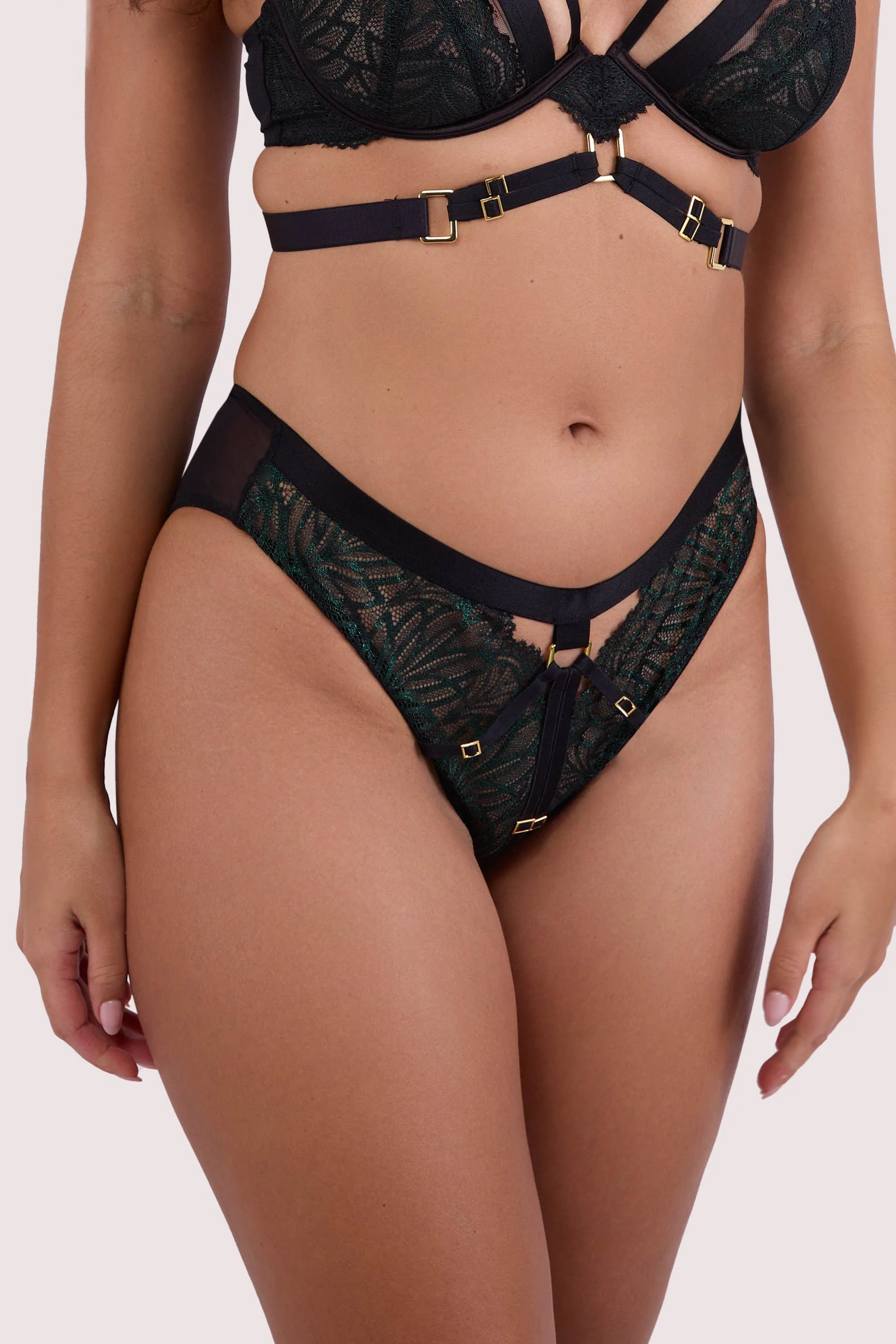 Tabitha Dark Green Wet-Look Lace Lingerie Set - Image 4