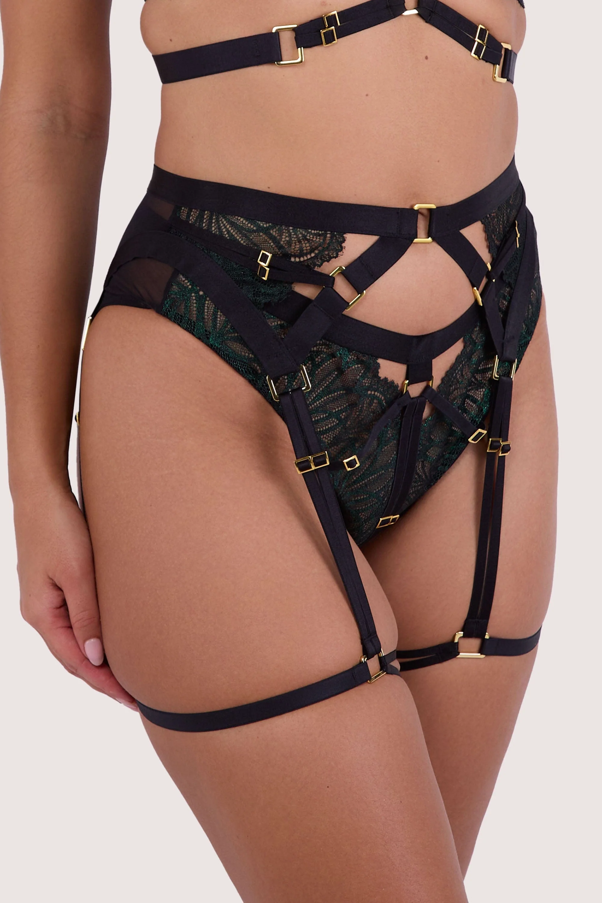 Tabitha Dark Green Wet-Look Lace Lingerie Set - Image 8