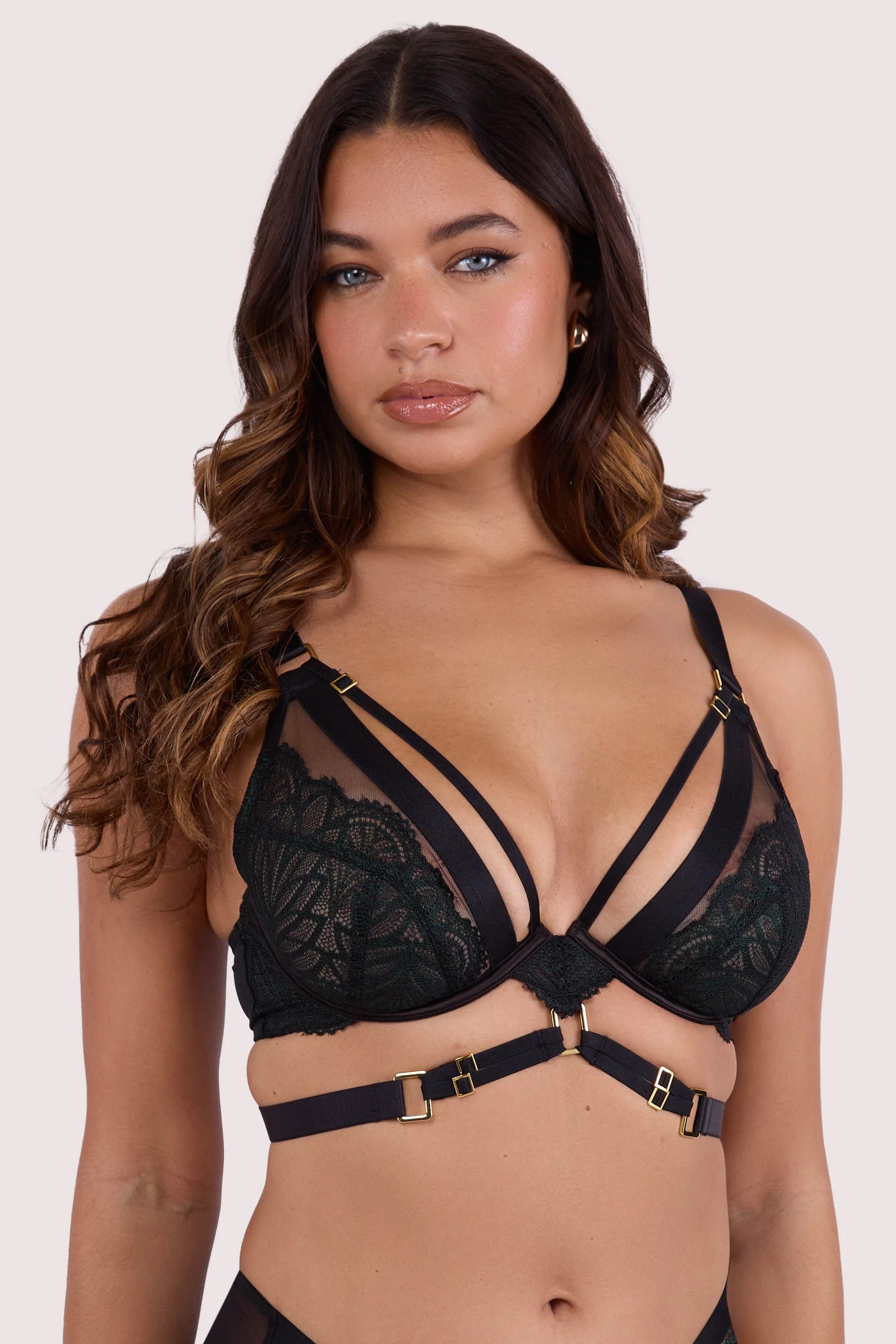 Tabitha Dark Green Wet-Look Lace Plunge Bra - Image 2