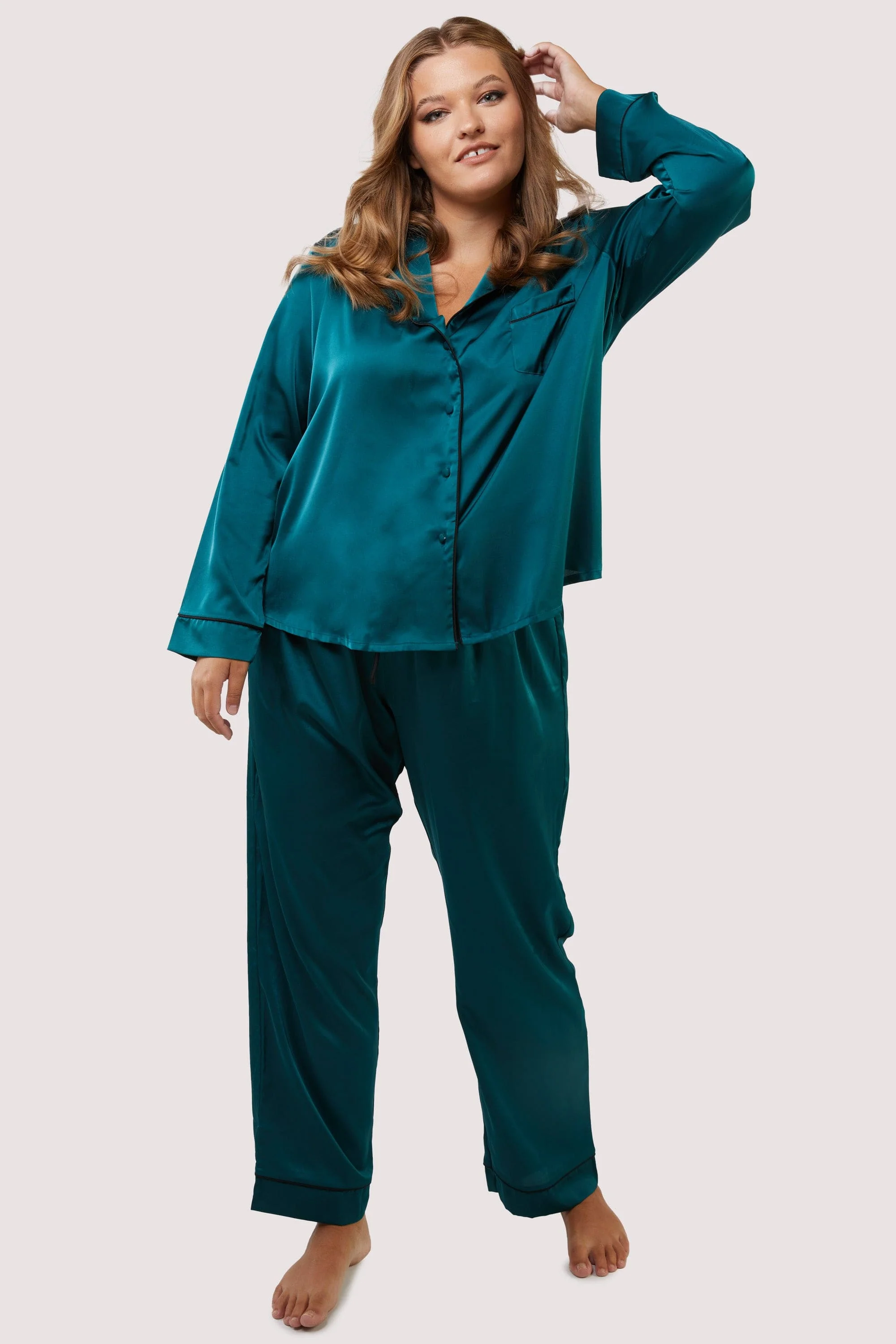 Teal and Black Satin Piping Pyjama Set - Image 3