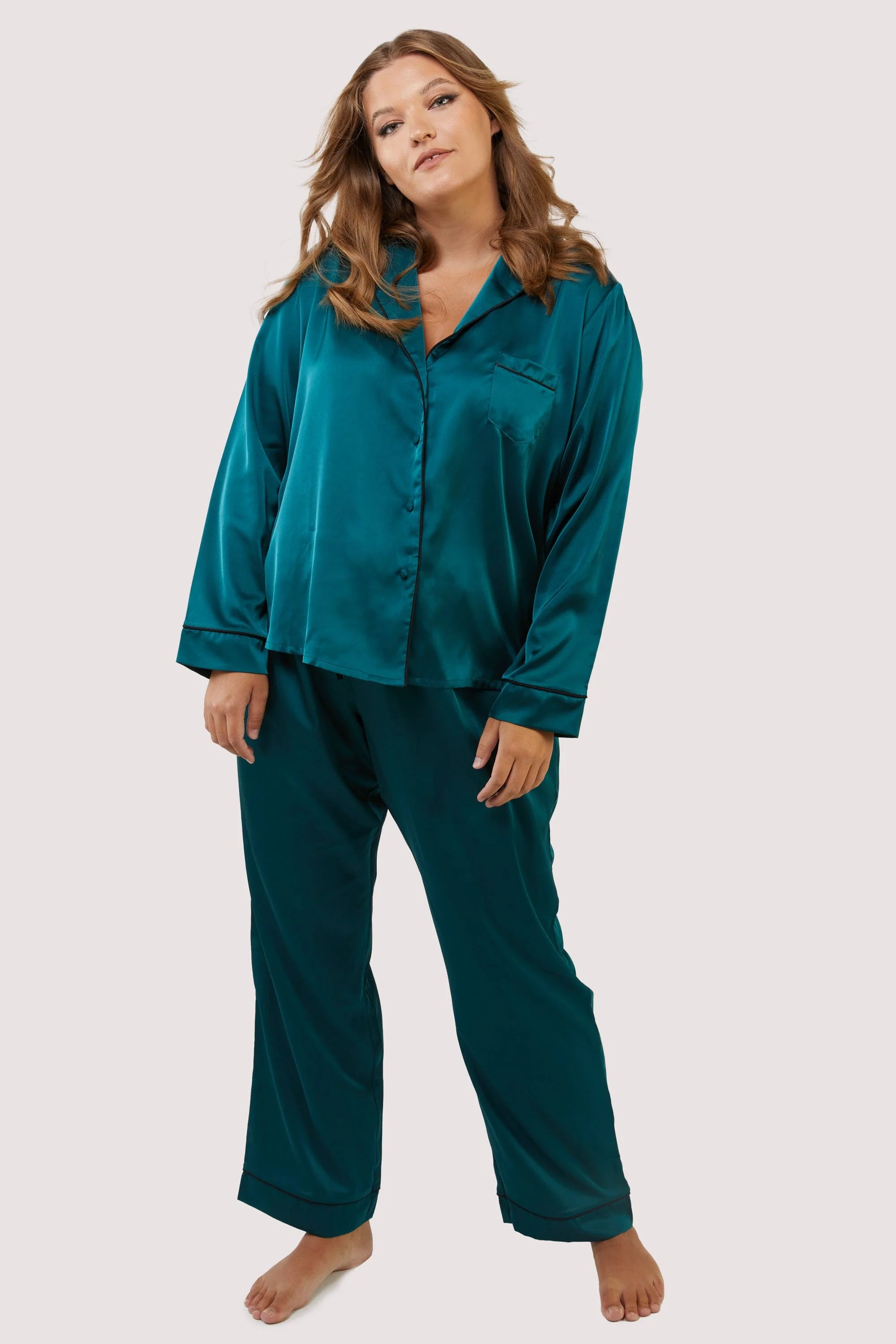 Teal and Black Satin Piping Pyjama Set - Image 5
