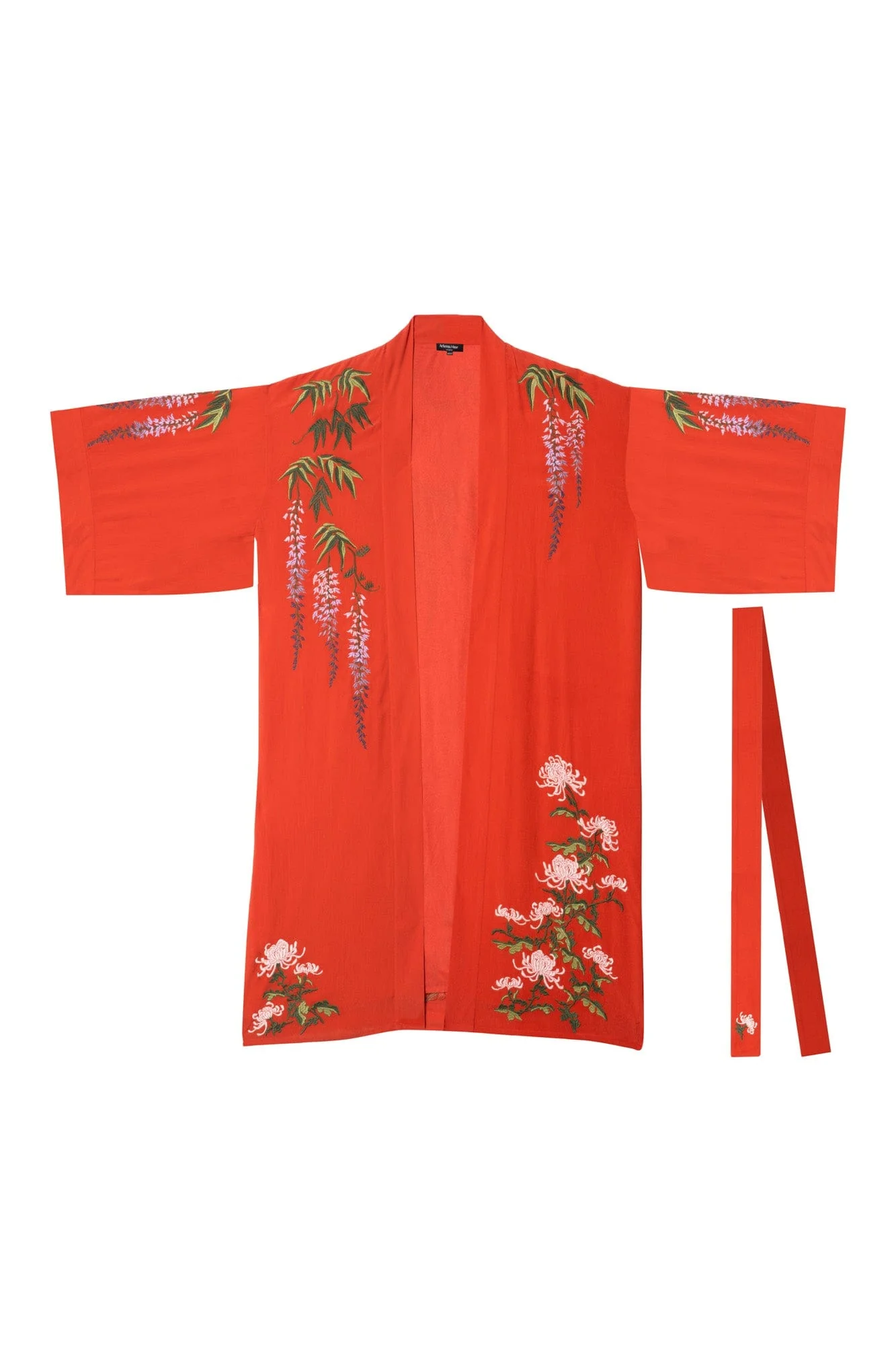Wisteria & Chrysanthemum Embroidered Terracotta Fully Lined Long Kimono - Image 10