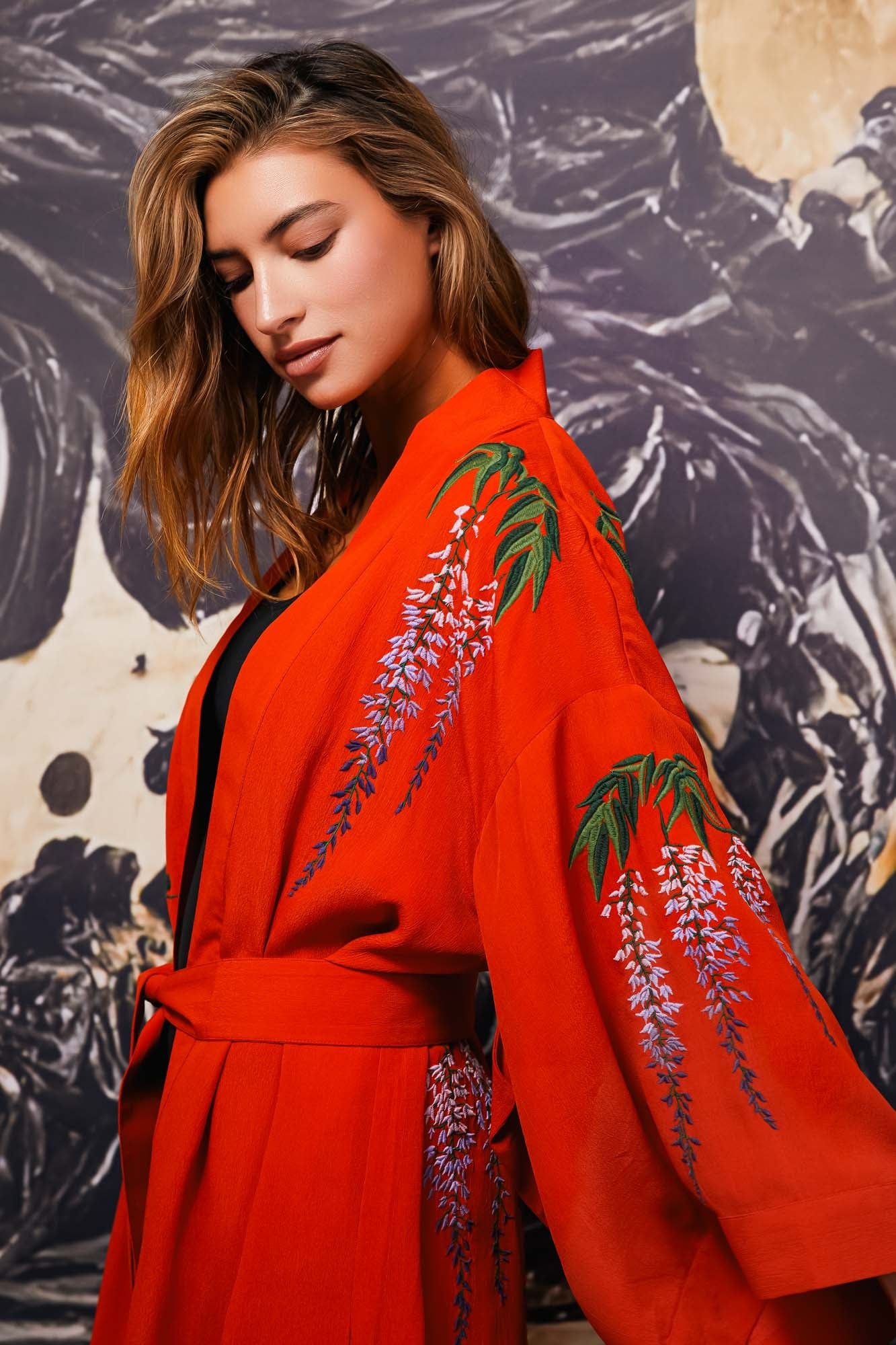 Wisteria & Chrysanthemum Embroidered Terracotta Fully Lined Long Kimono - Image 4