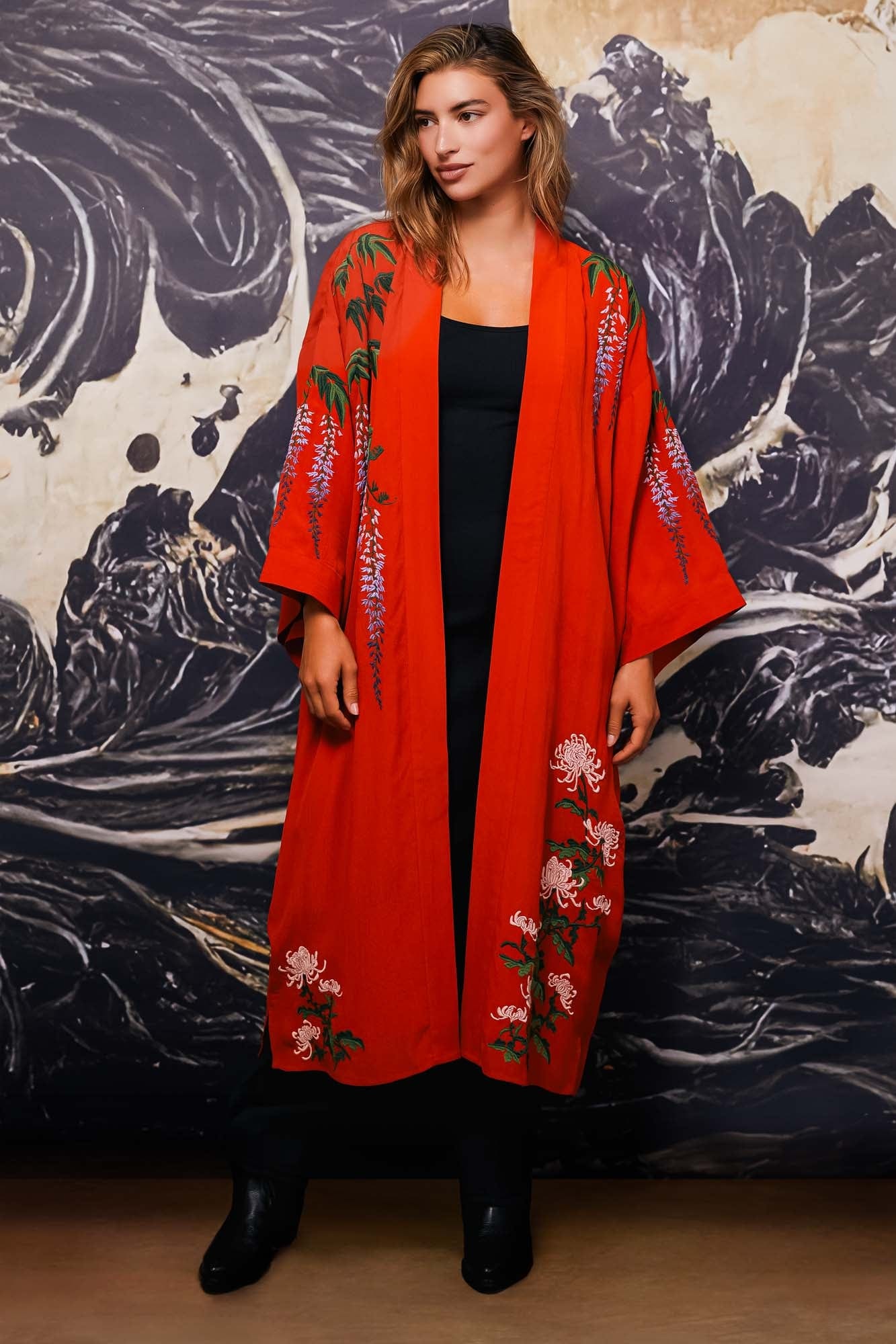 Wisteria & Chrysanthemum Embroidered Terracotta Fully Lined Long Kimono - Image 5
