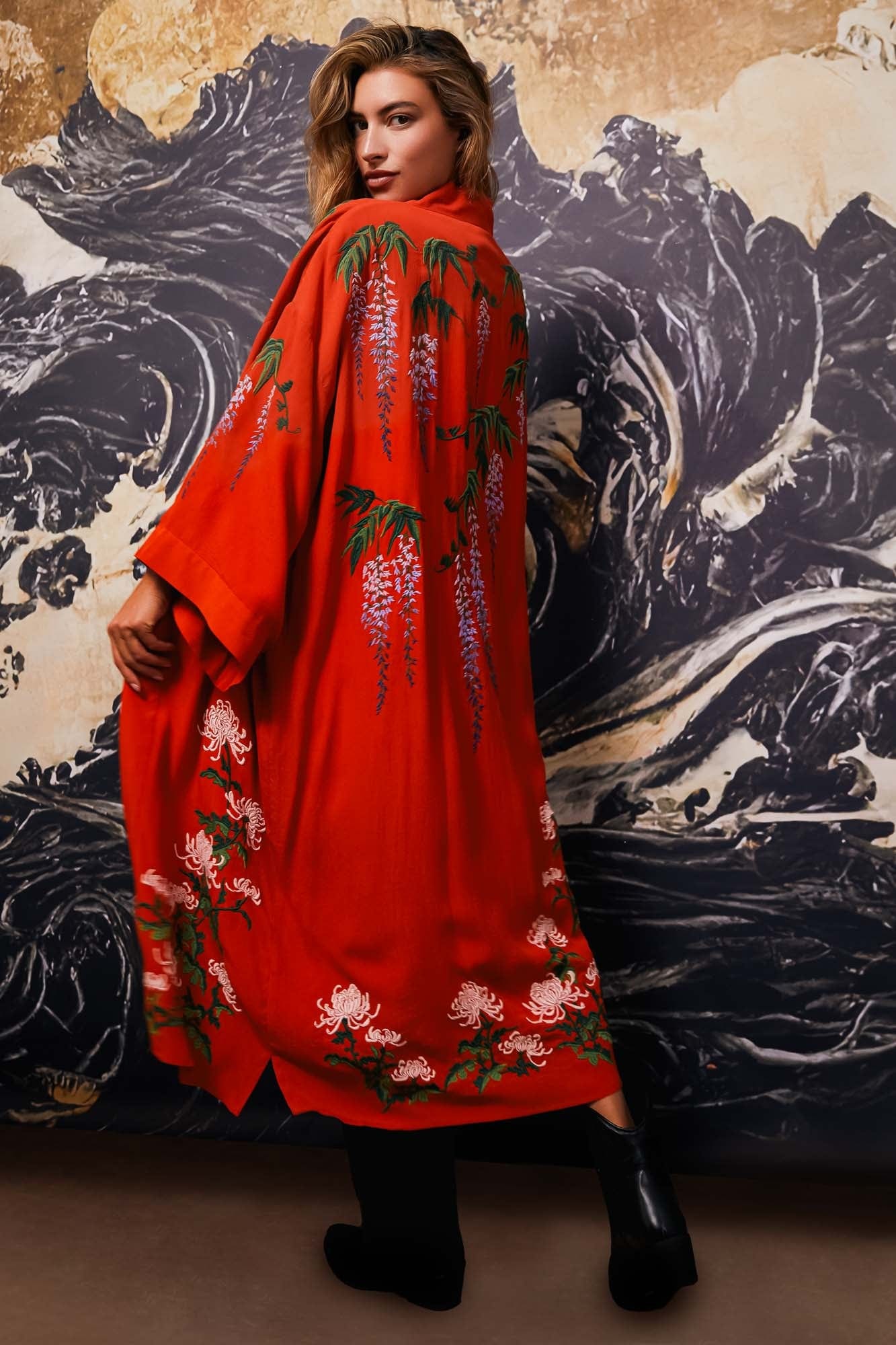 Wisteria & Chrysanthemum Embroidered Terracotta Fully Lined Long Kimono - Image 6