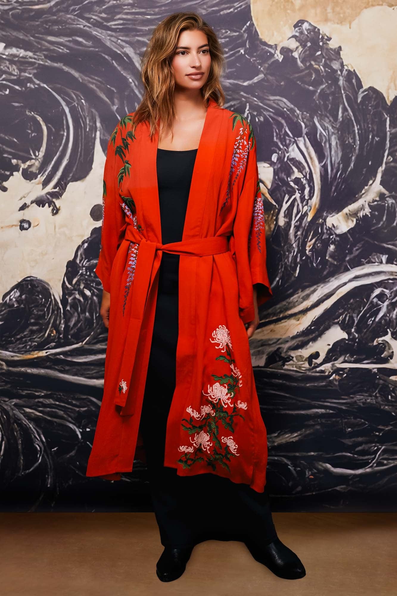 Wisteria & Chrysanthemum Embroidered Terracotta Fully Lined Long Kimono - Image 7