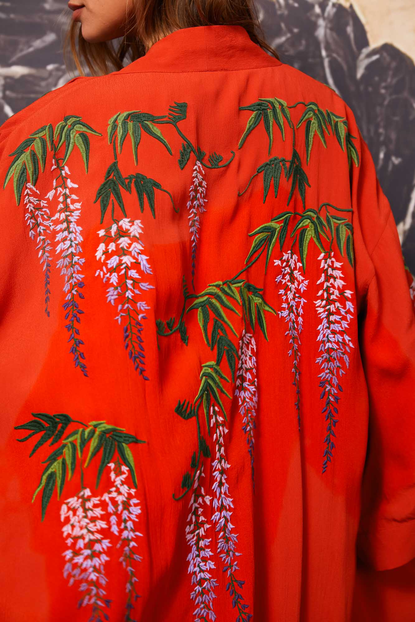 Wisteria & Chrysanthemum Embroidered Terracotta Fully Lined Long Kimono - Image 8