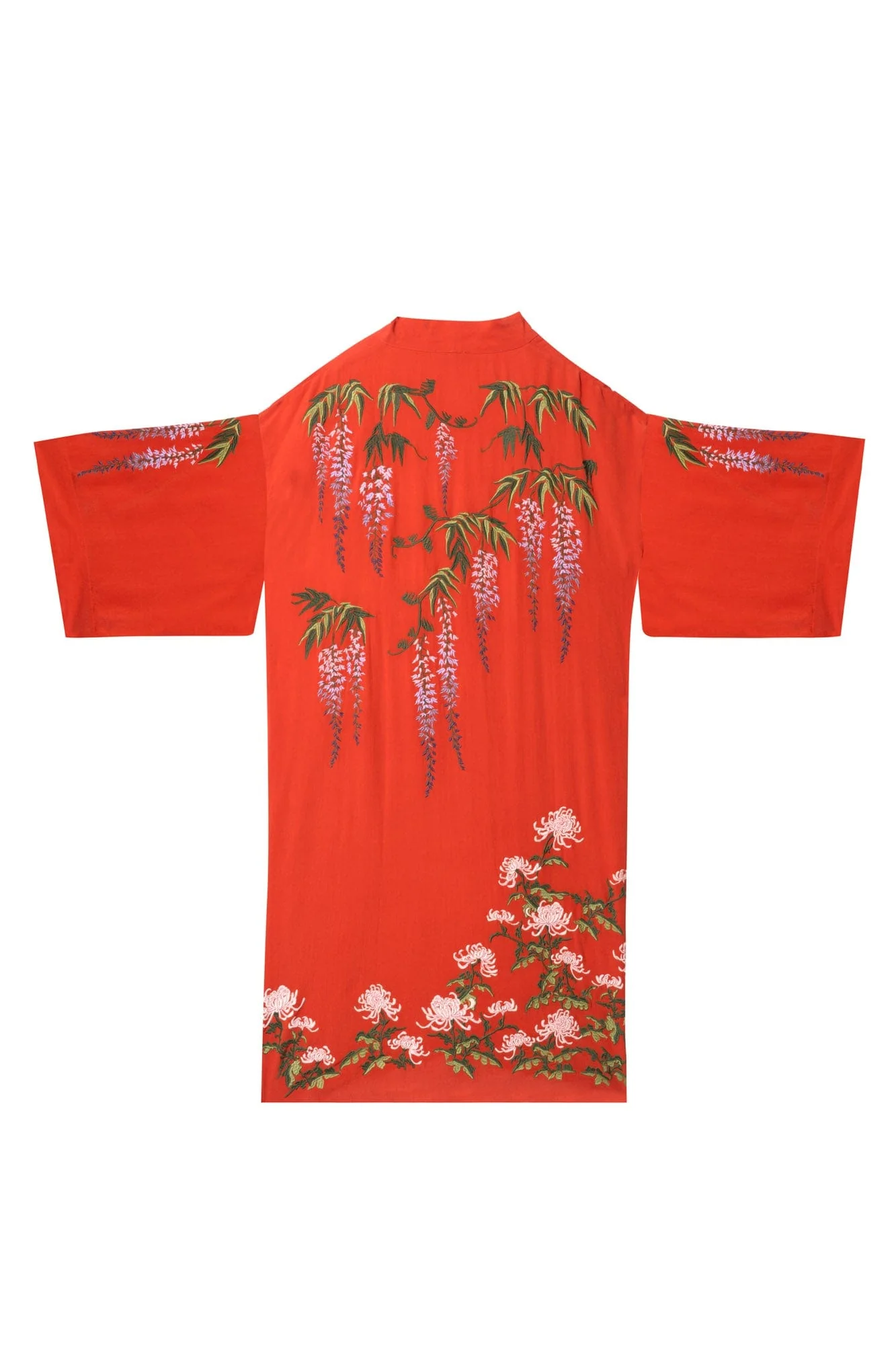 Wisteria & Chrysanthemum Embroidered Terracotta Fully Lined Long Kimono - Image 9