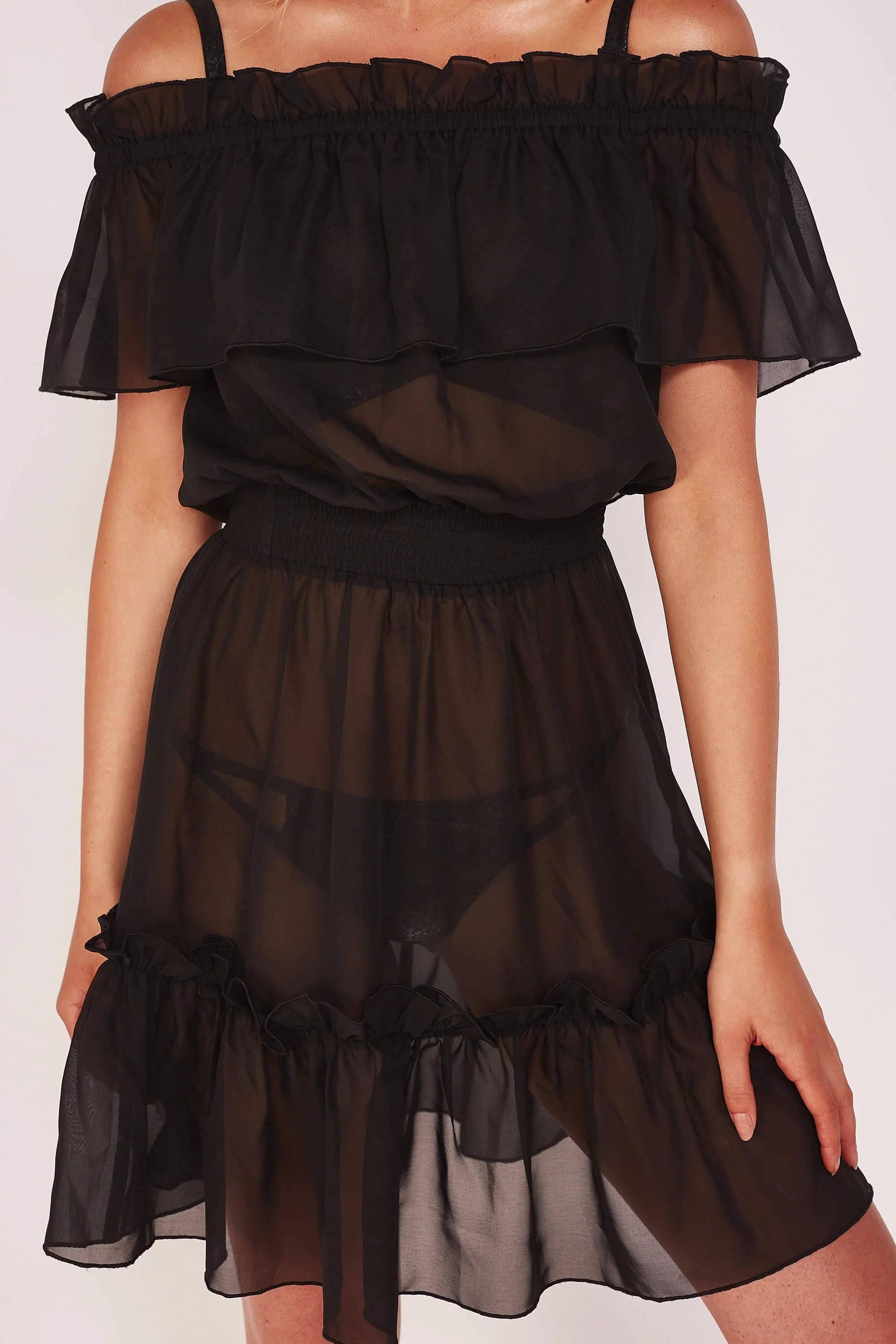 Wolf & Whistle Bardot Frill Black Beach Dress - Image 3