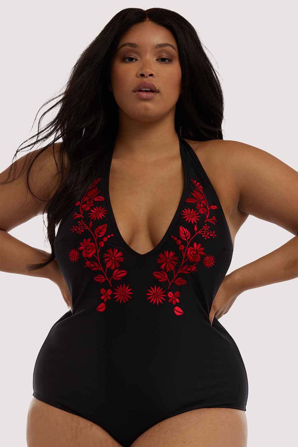 Embroidered Plunge Swimsuit Curve