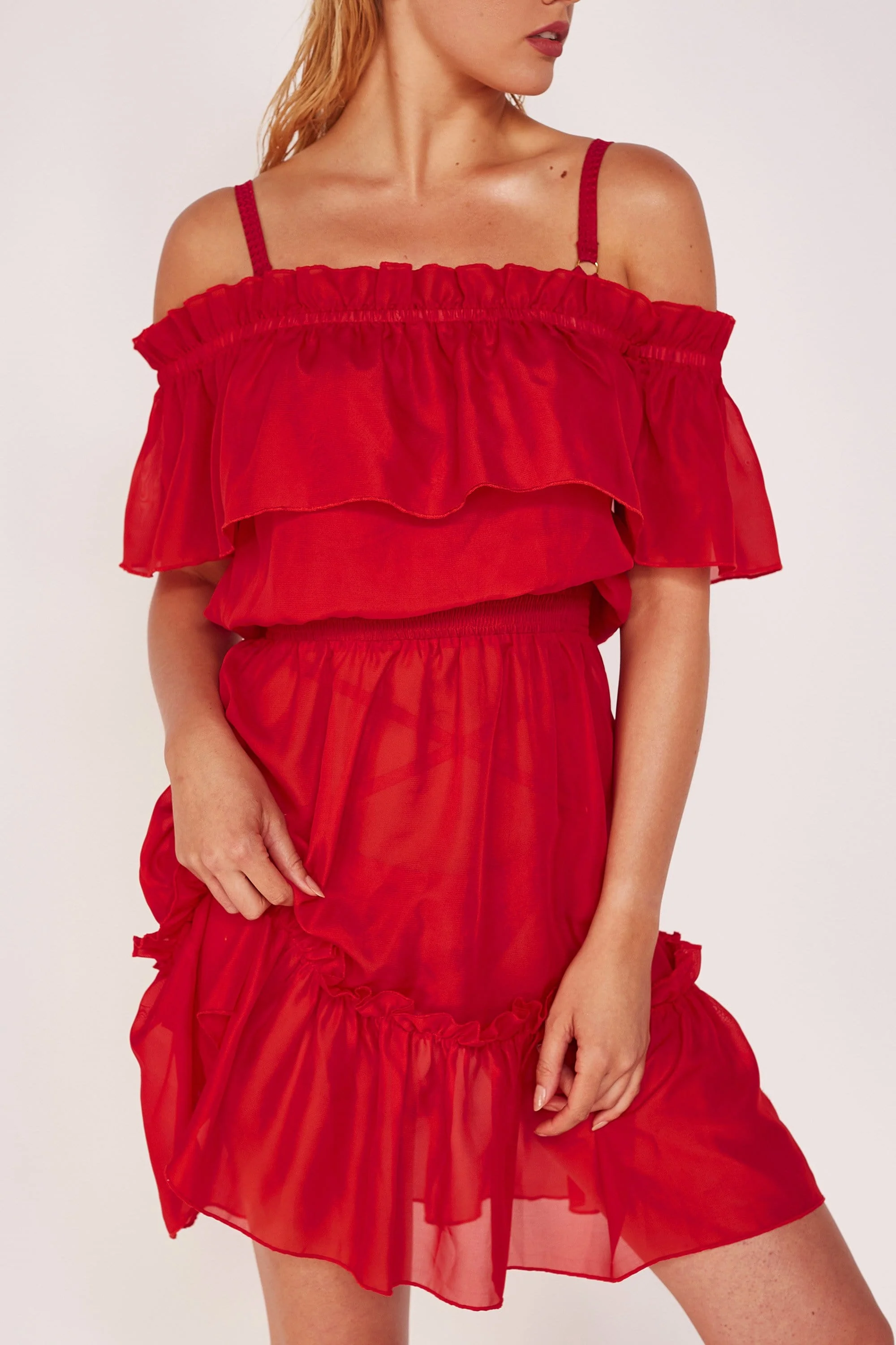 Wolf & Whistle Red Bardot Frill Beach Dress - Image 3