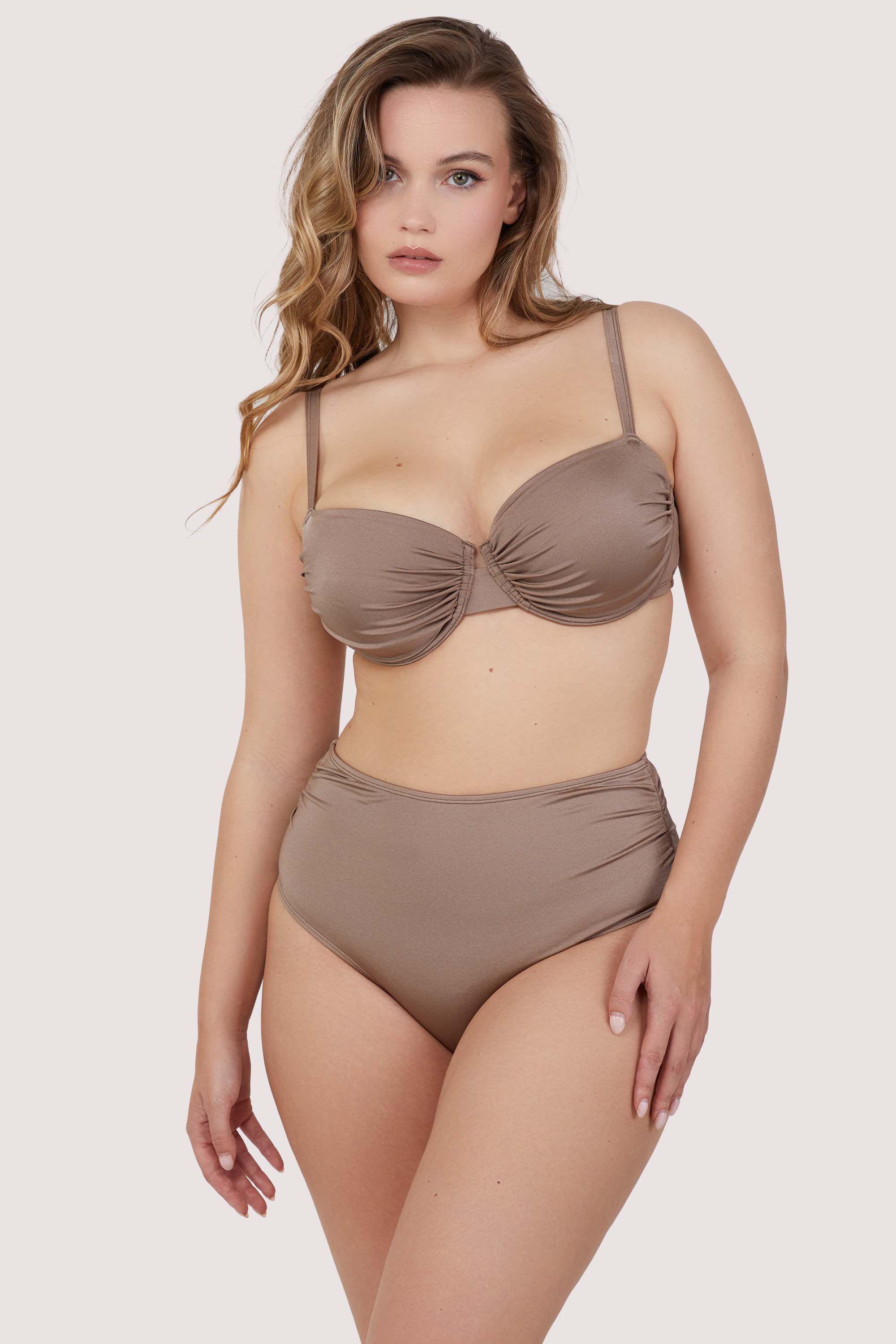 Jade Taupe Neutral High Waist High Leg Ruched Bikini Bottom - Image 3