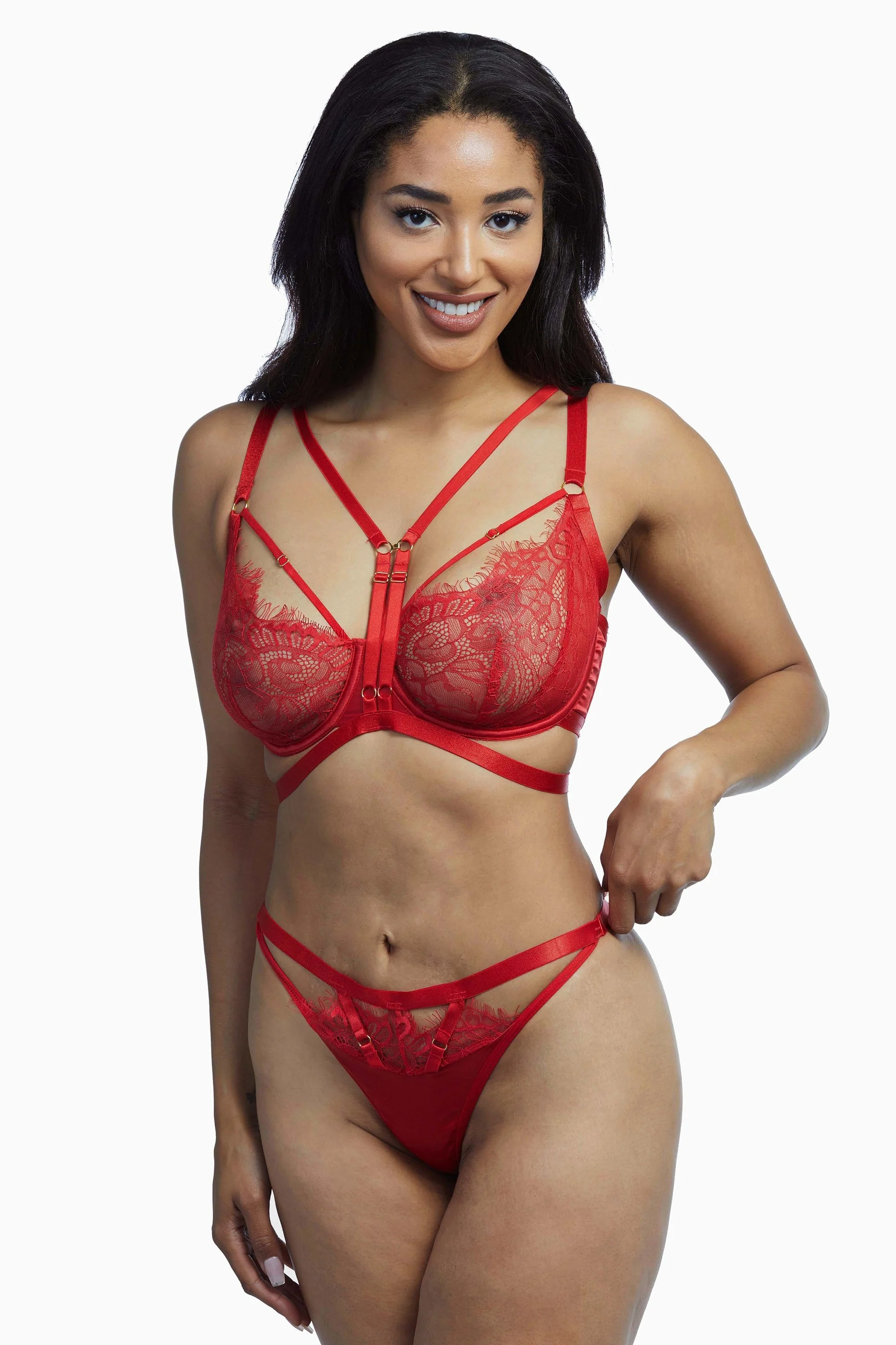 Wolf & Whistle Nevada Red Satin & Lace Harness Thong - Image 5