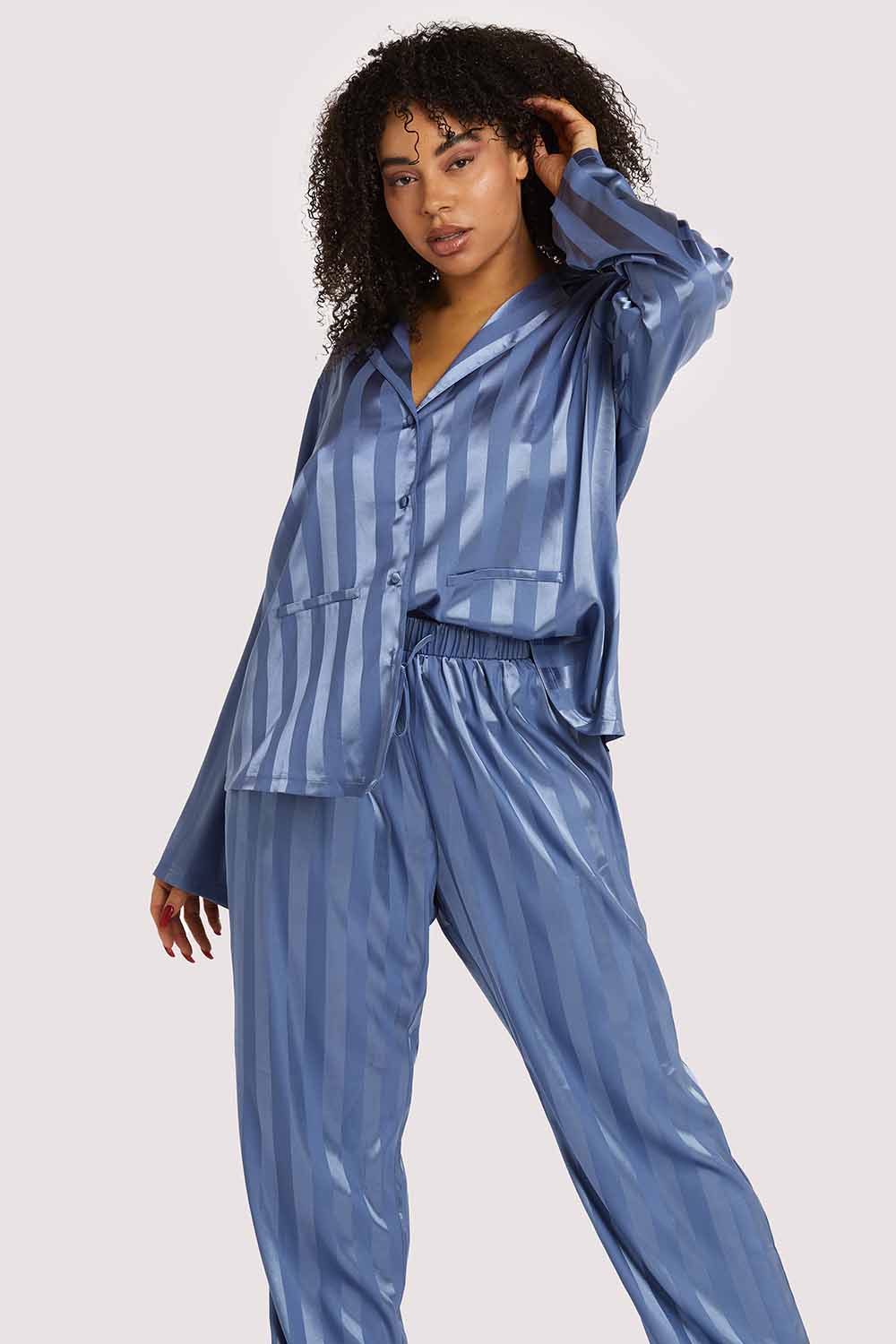 Blue Stripe Satin Pyjama Set - Image 4